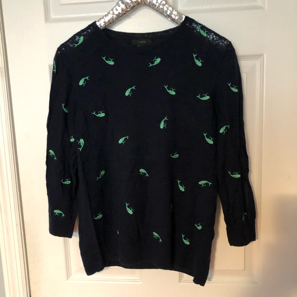 J. Crew navy sweater with embroidered whales
